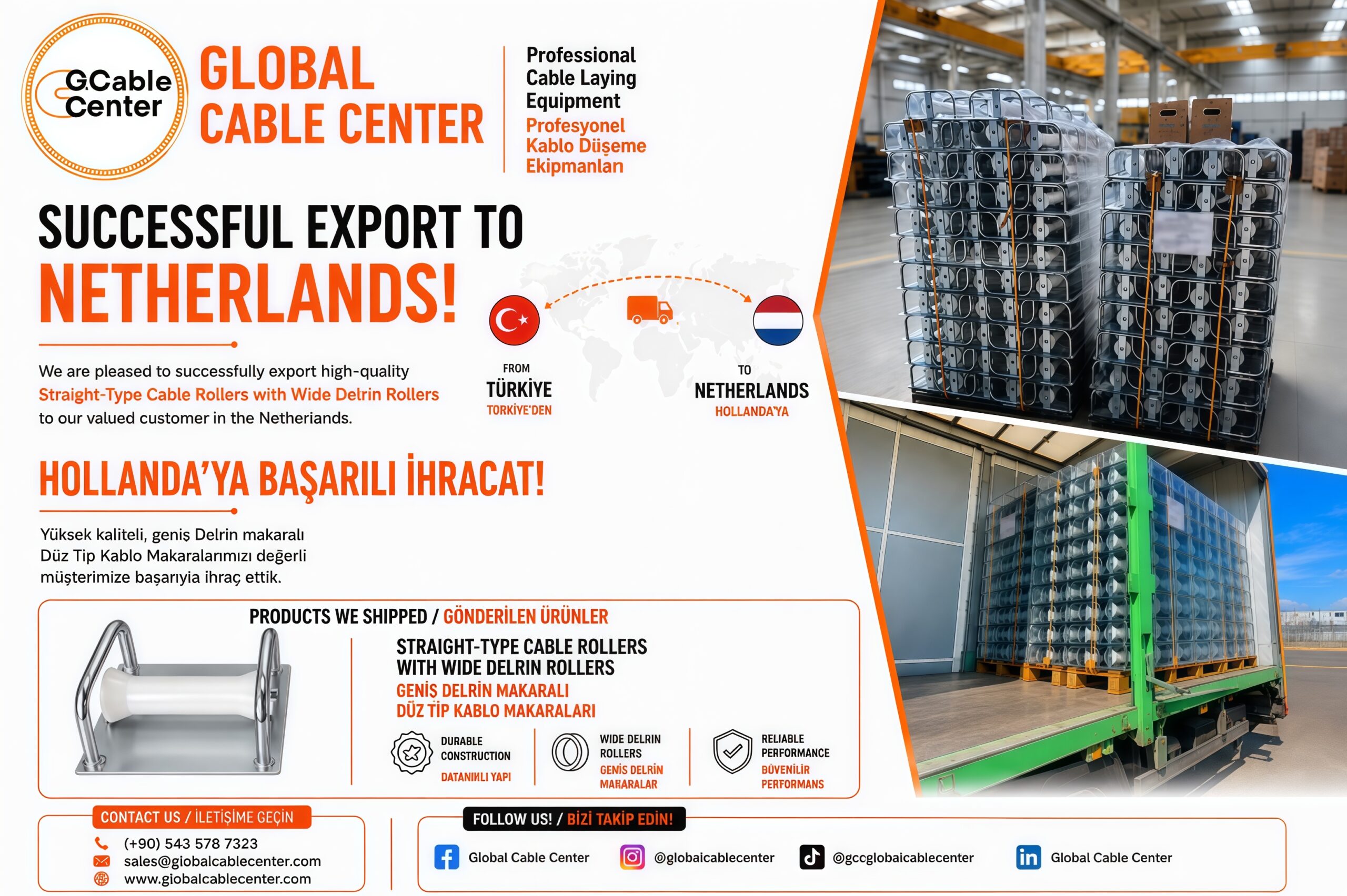 Straight-Type Cable Rollers with Delrin rollers and bearing-mounted shaft supports exported to the Netherlands