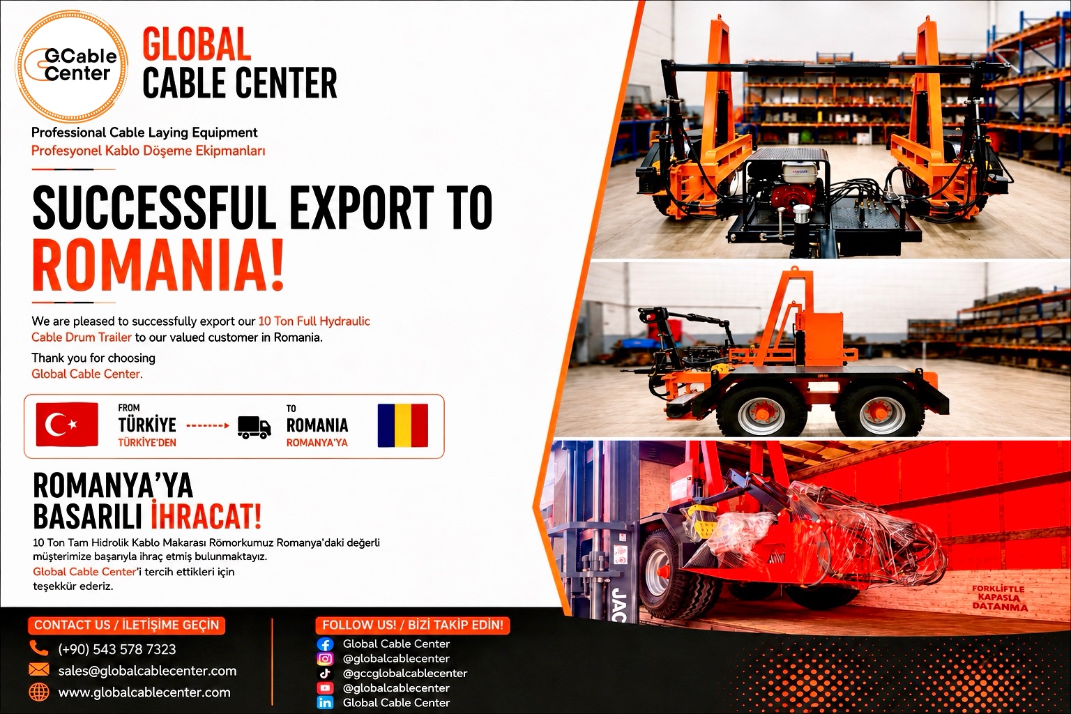 Global Cable Center 10 ton full hydraulic cable drum transport trailer exported to Romania