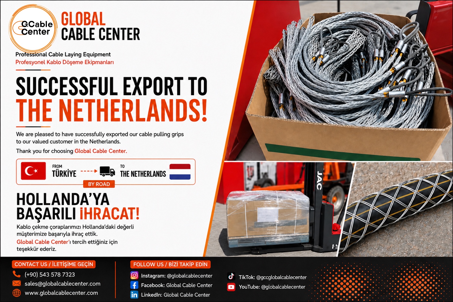 Global Cable Center cable pulling grips in various diameters exported from Türkiye to the Netherlands
