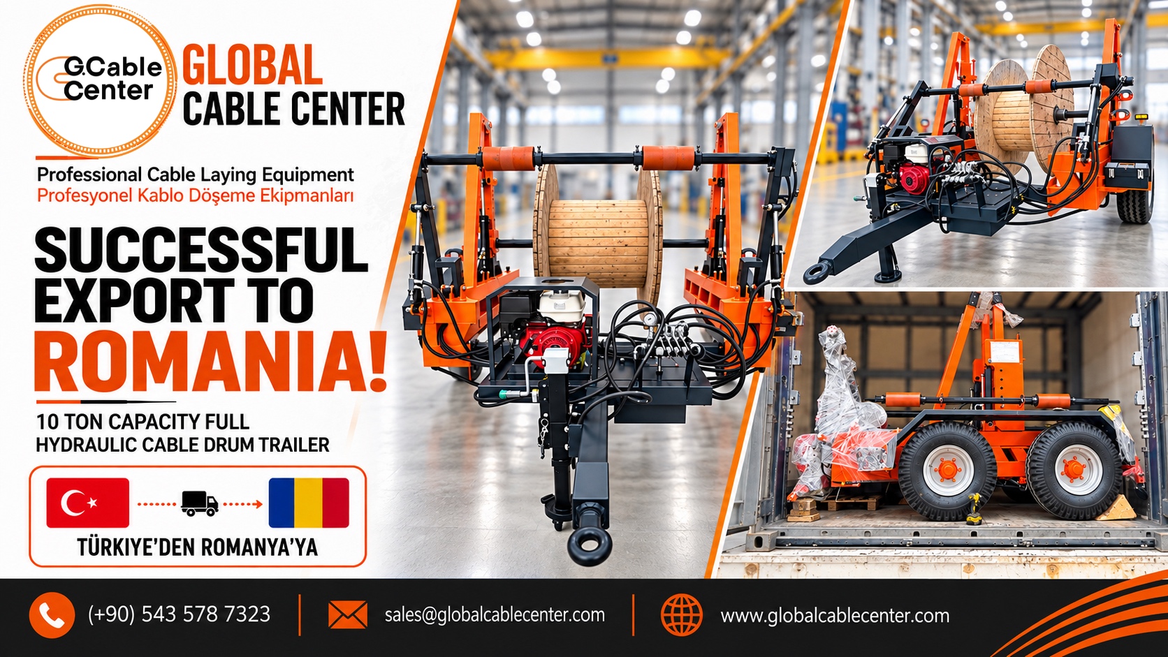 Global Cable Center 10-ton full-hydraulic cable drum trailer exported from Türkiye to Romania
