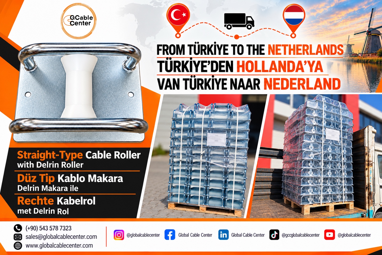 Straight-type cable rollers with Delrin rollers prepared for export to the Netherlands